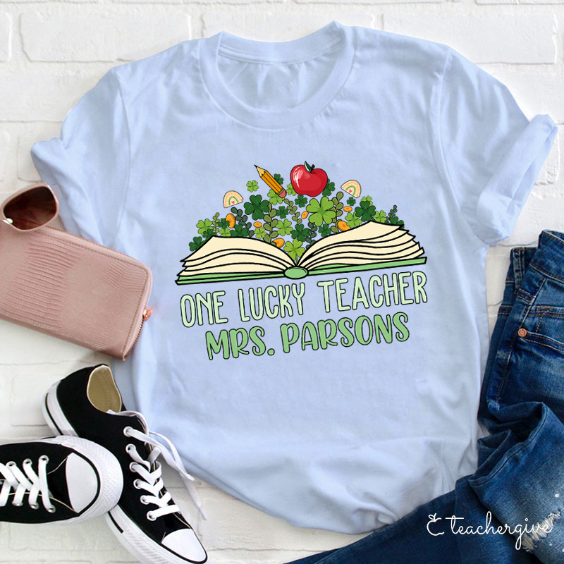 Personalized Name One Lucky Teacher Book And Cloves Teacher T-Shirt