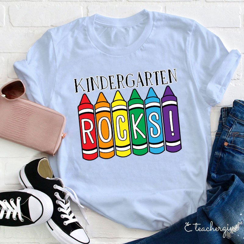 Personalized Grade Crayons Kindergarten Rocks Teacher T-Shirt