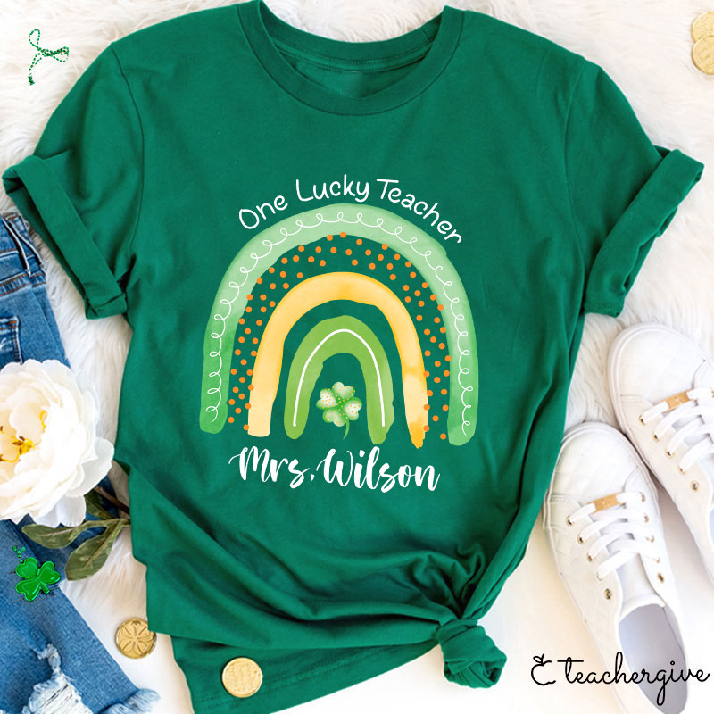 Personalized Name One Lucky Teacher Clover Rainbow Teacher T-Shirt