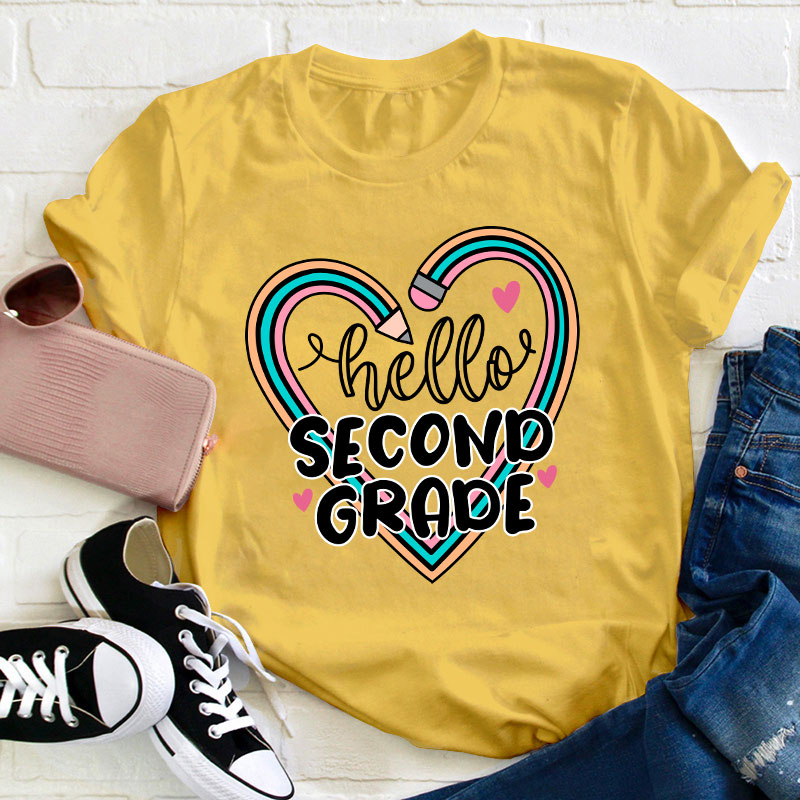 Personalized Grade Hello Pencil Heart Teacher T-Shirt