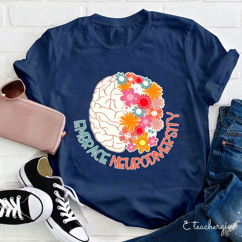 Embrace Neurodiversity Floral Brain Smile Faces Teacher T-Shirt
