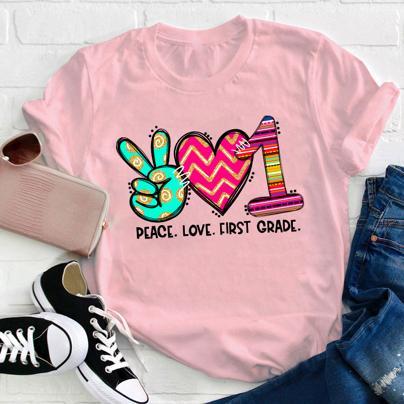 Personalized Grade Peace Love Teacher T-Shirt