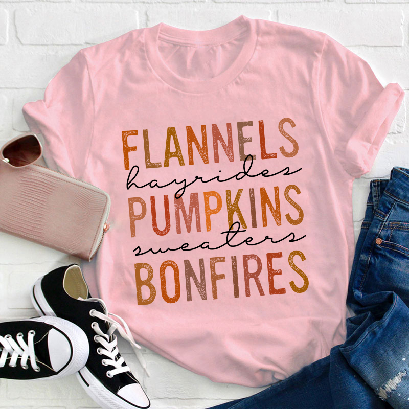 Flannels Pumpkins Bonfires Teacher T-Shirt