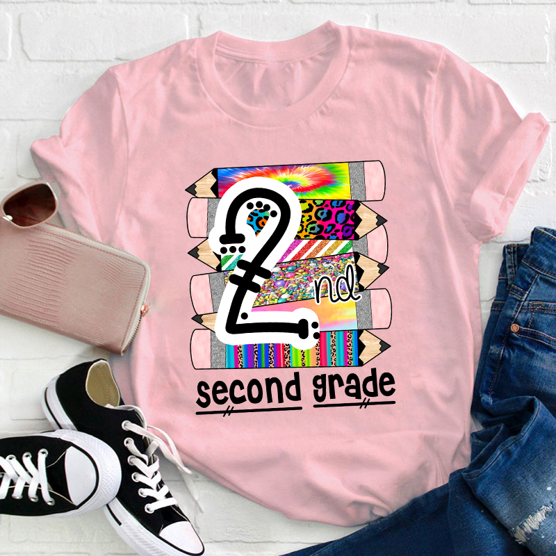 Personalized Grade Brilliant Colors Pencils Teacher T-Shirt