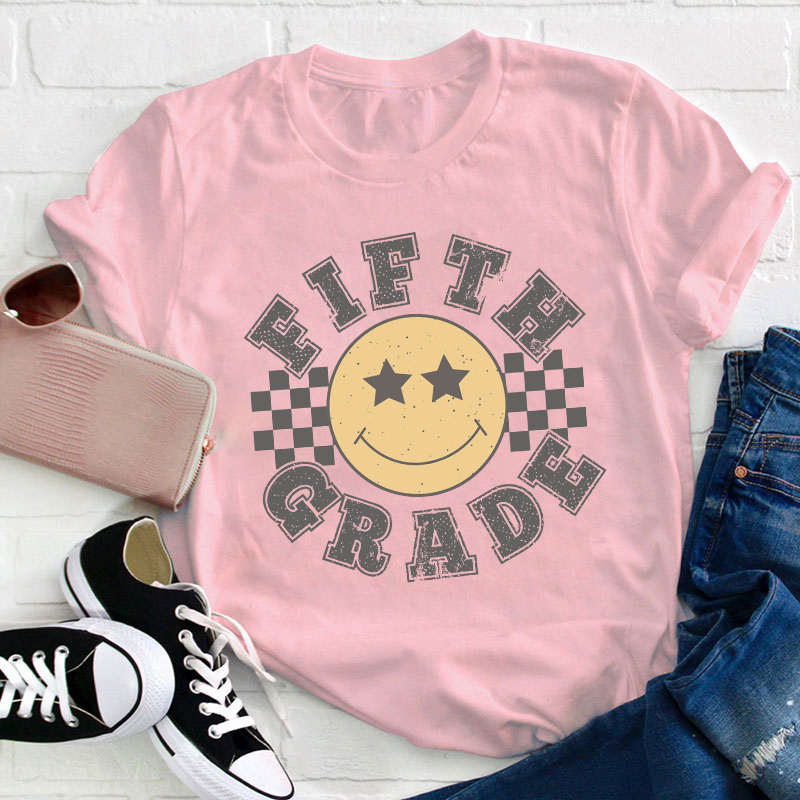 Personalized Grade Checkered Smiley Face Teacher T-Shirt