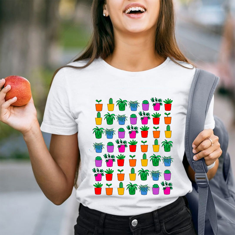 Colorful Potted Plant Teacher T-Shirt