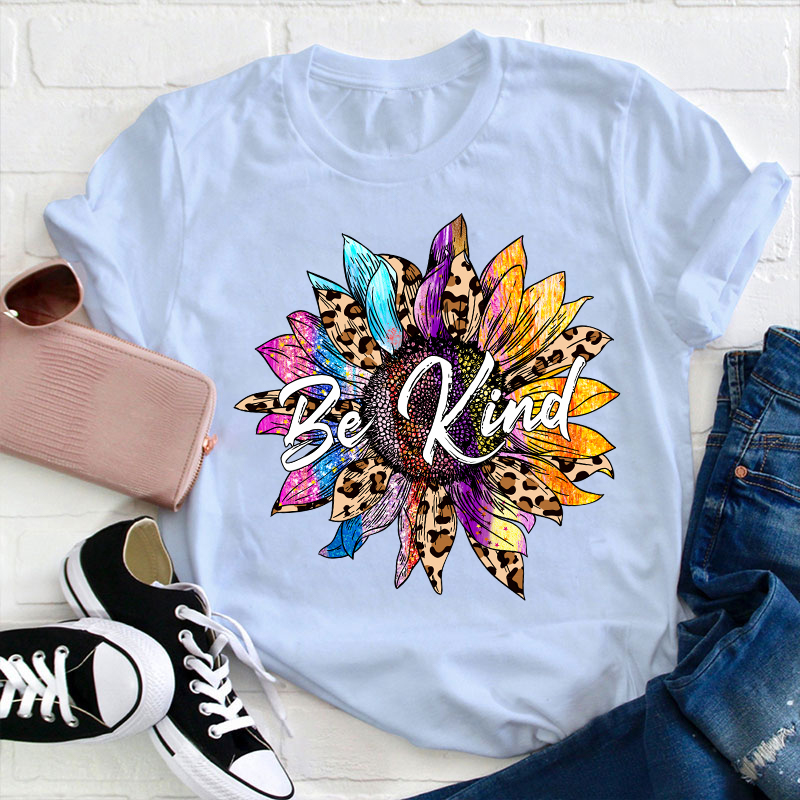 Be Kind Colorful Leopard Sunflower Teacher T-Shirt