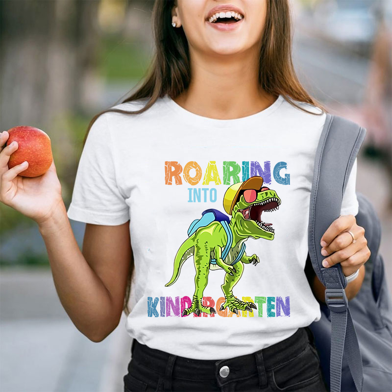 Personalized Roaring Into Kindergarten Dinosaur T-Shirt