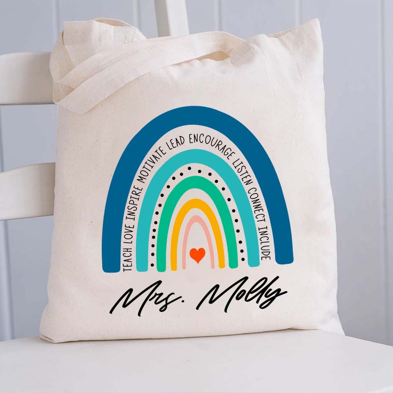 LatestPersonalized Teach Love Inspire Motivate Lead Encourage Listen Connect Include Teacher Tote Bag for Sale-Teachersgram