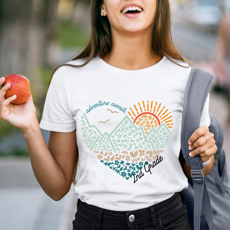 Personalized Grade Adventure Awaits Flower Mountain Sun Teacher T-Shirt