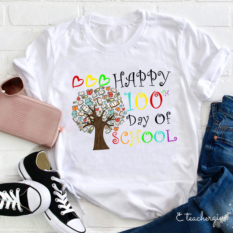 Happy 100 Day Of School Book Tree Teacher T-Shirt