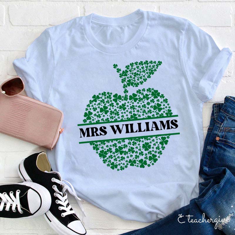 Personalized Name Apple-Shaped Clovers Teacher T-Shirt