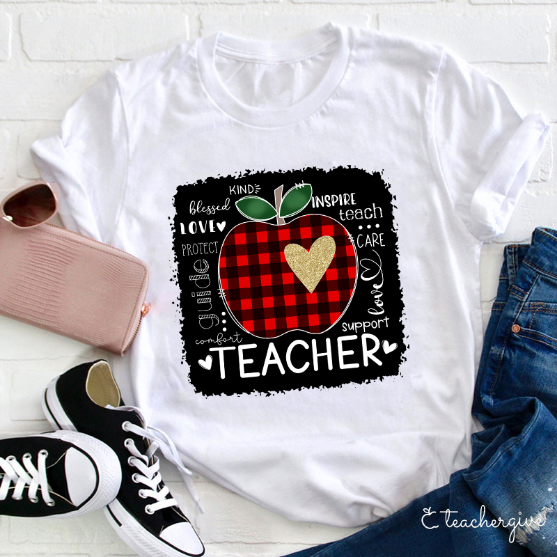 Red Plaid Apple Teacher Life Teacher T-Shirt