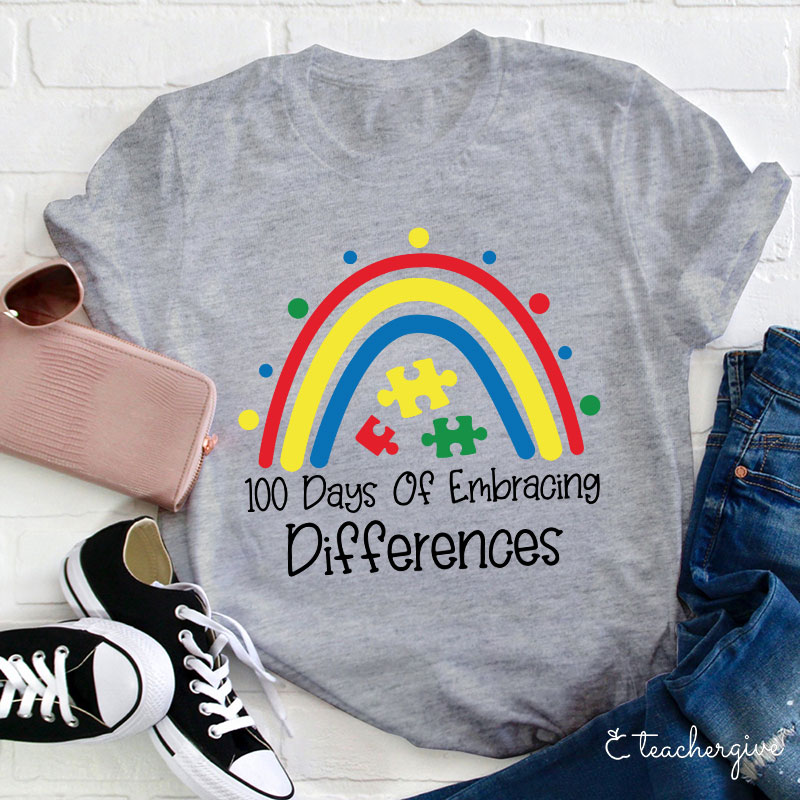 100 Days Of Embracing Differences Rainbow Puzzle Teacher T-Shirt