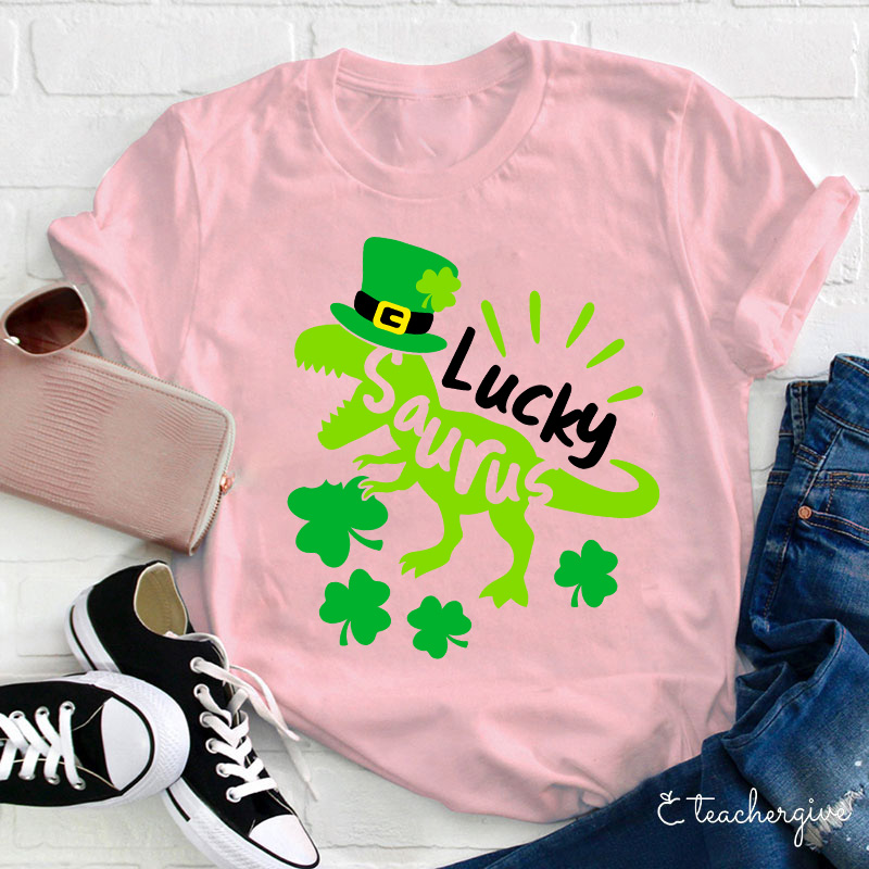 Luck Saurus Eating Clovers Teacher T-Shirt
