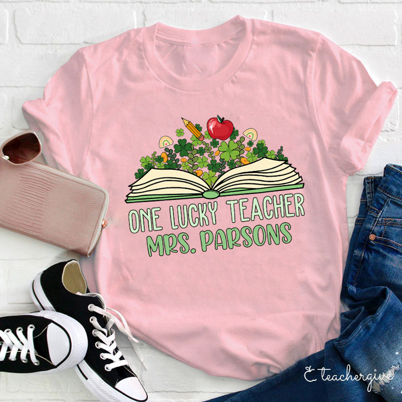 Personalized Name One Lucky Teacher Book And Cloves Teacher T-Shirt