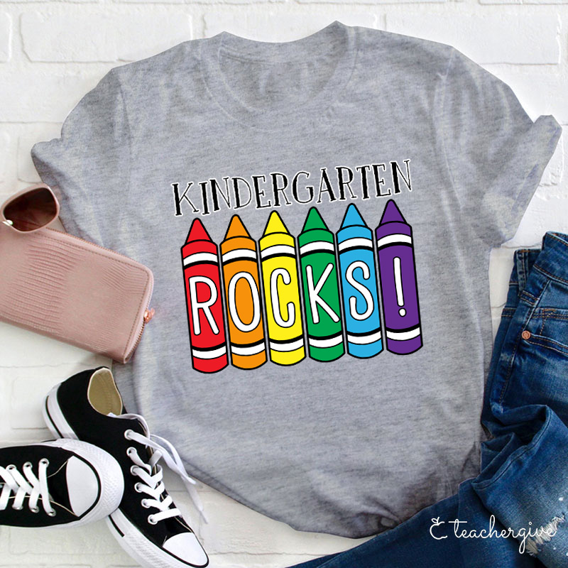 Personalized Grade Crayons Kindergarten Rocks Teacher T-Shirt