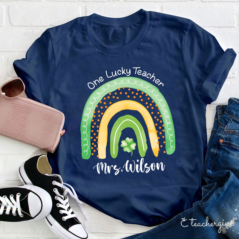 Personalized Name One Lucky Teacher Clover Rainbow Teacher T-Shirt