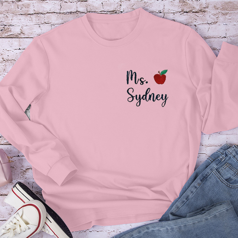 Personalized Apple Teacher Name Teacher Embroidery Long Sleeve T-Shirt