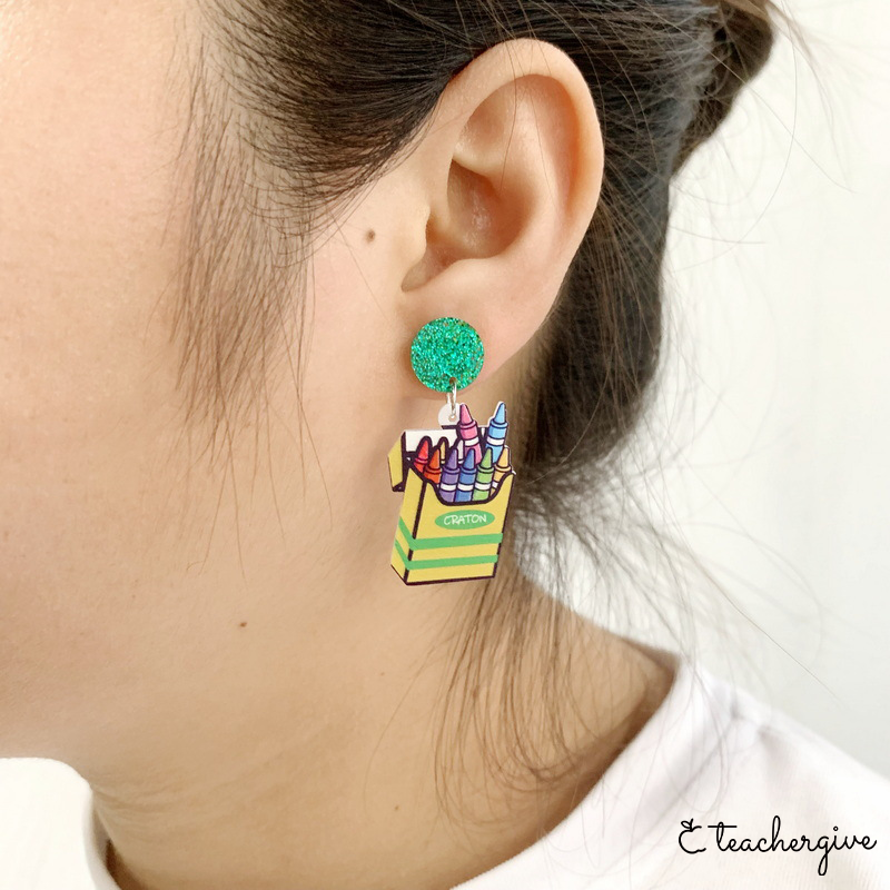 Green Box Crayon Teacher Acrylic Earrings