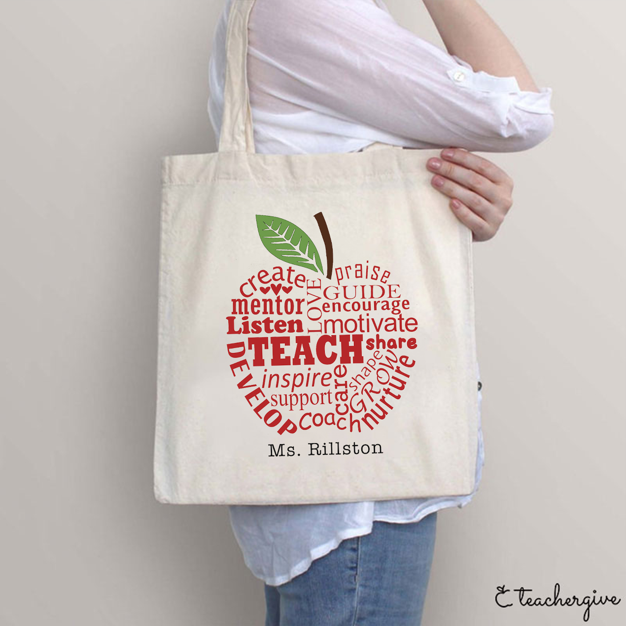 Personalized Apple-Shaped Teach Love Create Mentor Listen Teacher Tote Bag