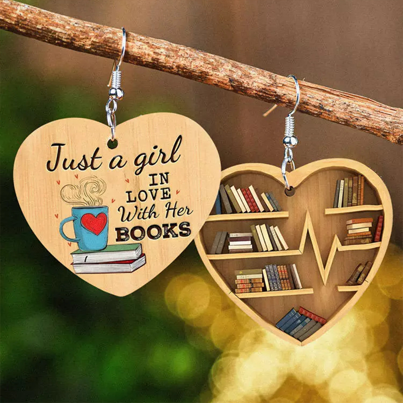 Heart-Shaped Bookshelf Just A Girl In Love With Her Books Teacher Wooden Earrings