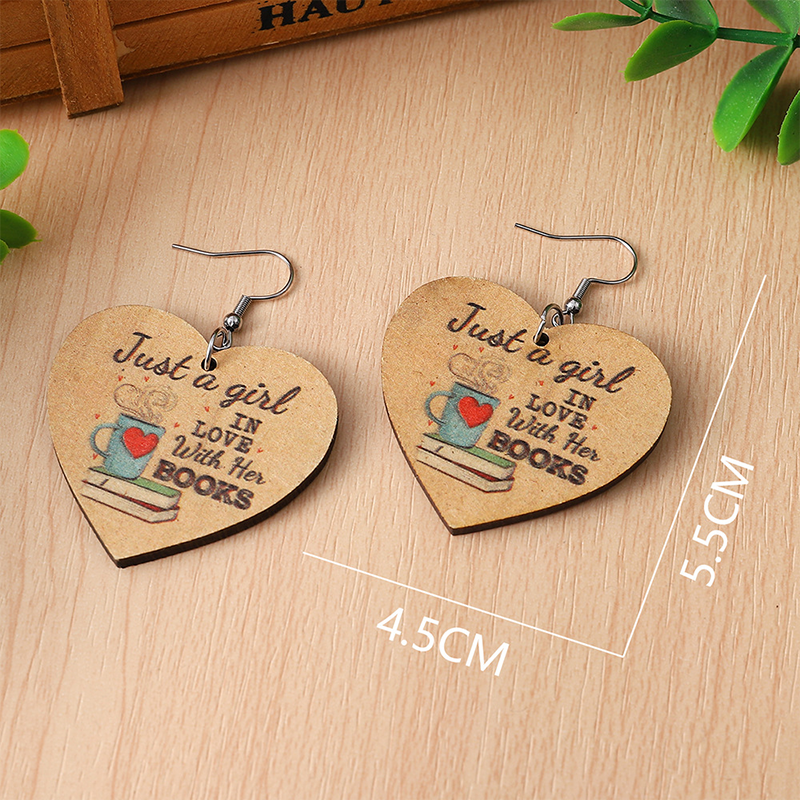 Heart-Shaped Bookshelf Just A Girl In Love With Her Books Teacher Wooden Earrings