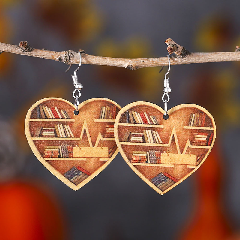 Heart-Shaped Double-Sided Bookshelf Teachers Wooden Earrings