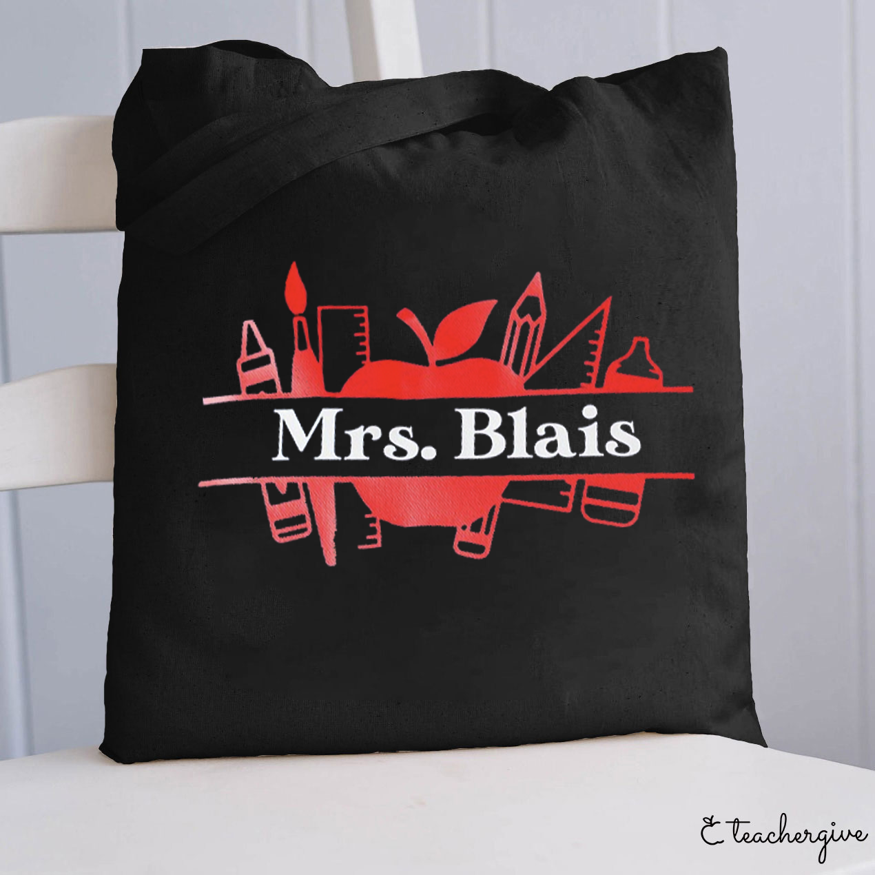 Personalized Apple Crayon Pencil Ruler Teacher Tote Bag