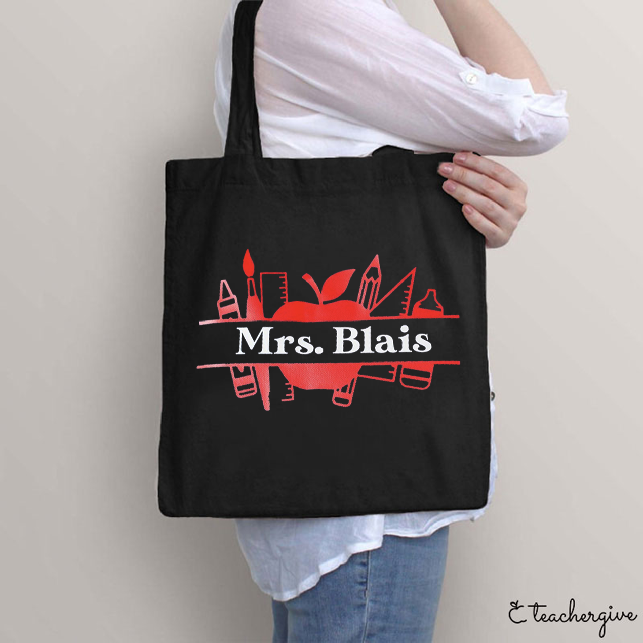 Personalized Apple Crayon Pencil Ruler Teacher Tote Bag