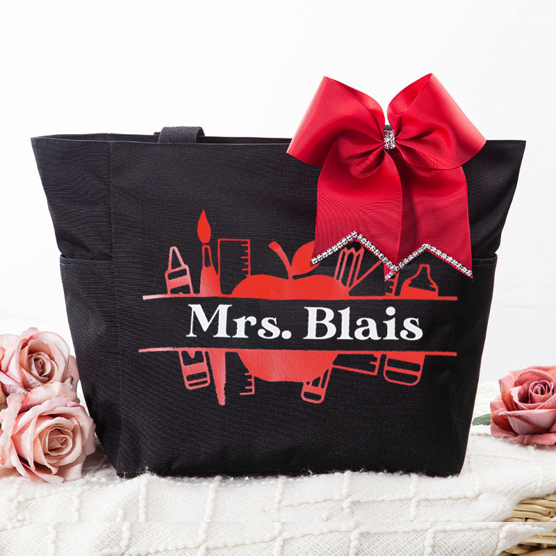 Personalized Apple Crayon Pencil Ruler Large Tote Bag (free for the bowknot)