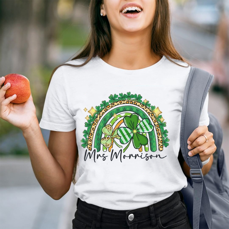 Personalized Name Clover Rainbow Teacher T-Shirt