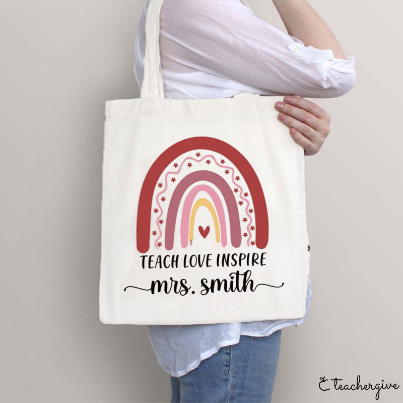 Personalized Teach Love Inspire  Pink Rainbow Teacher Tote Bag