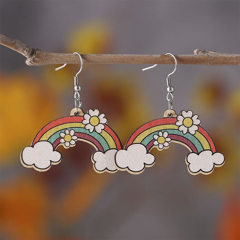 Candy Rainbow Cloud Sunflower Teacher Wooden Earrings