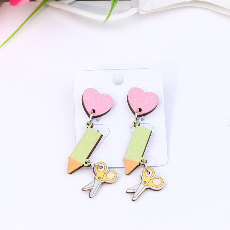 Light Green Pencil And Scissors Wooden Earrings