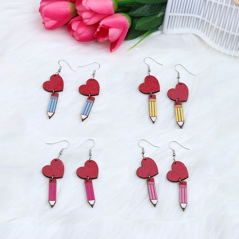 Love And Pink Pencils Wooden Earrings