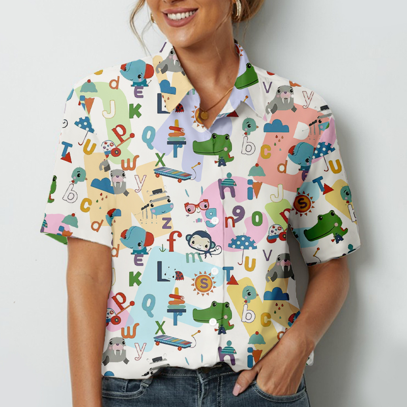 Cartoon Alphabet Teacher Short Sleeve Shirt