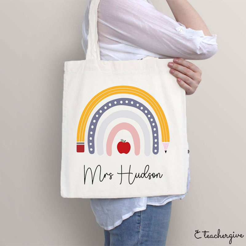 Personalized Teacher Name Rainbow Apple Teacher Tote Bag