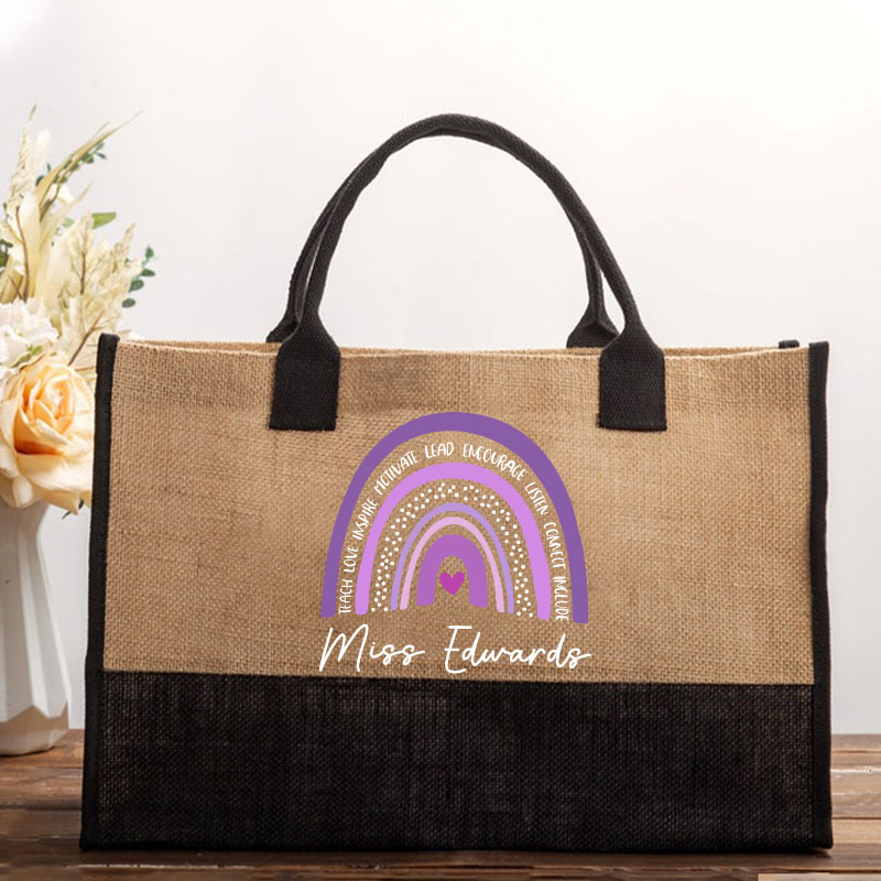 Personalized Purple Rainbow Teacher Cotton Tote Bag