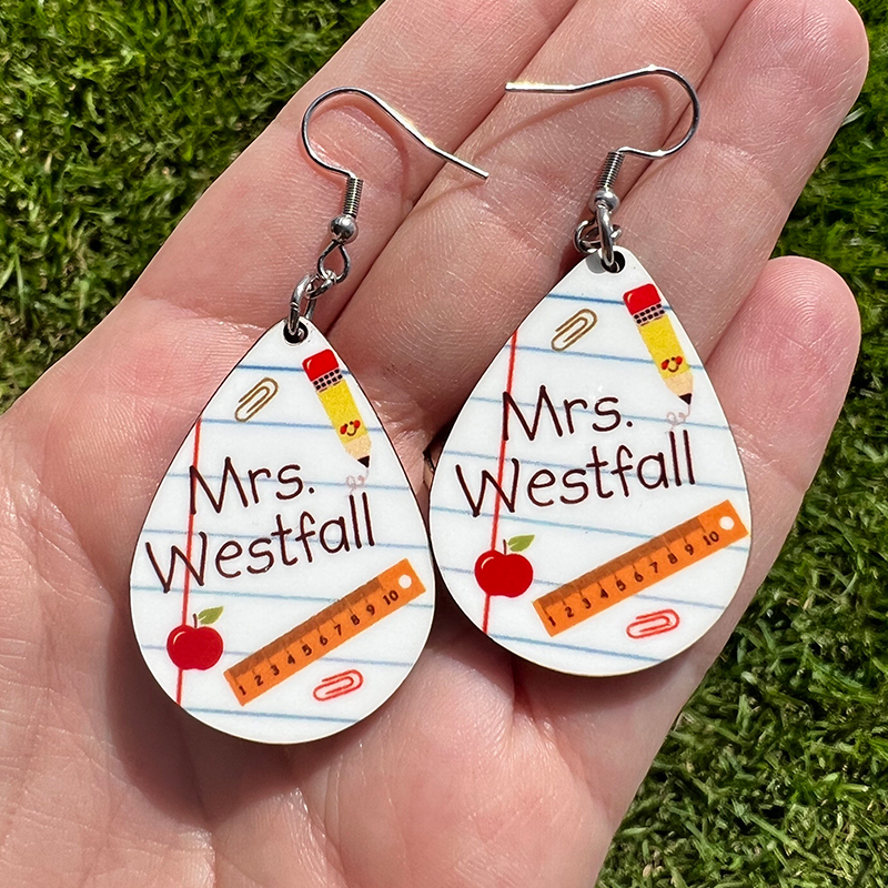 Personalized Name Pencil Ruler And Red Apple Wooden Earrings