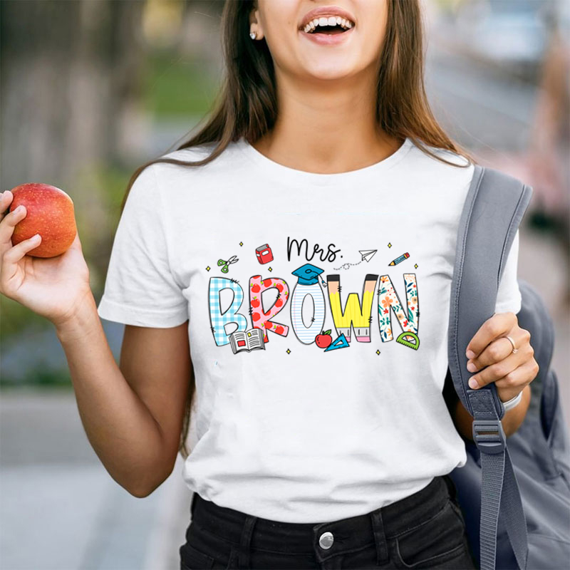 Personalized Name Cartoon Stationery Teacher T-Shirt