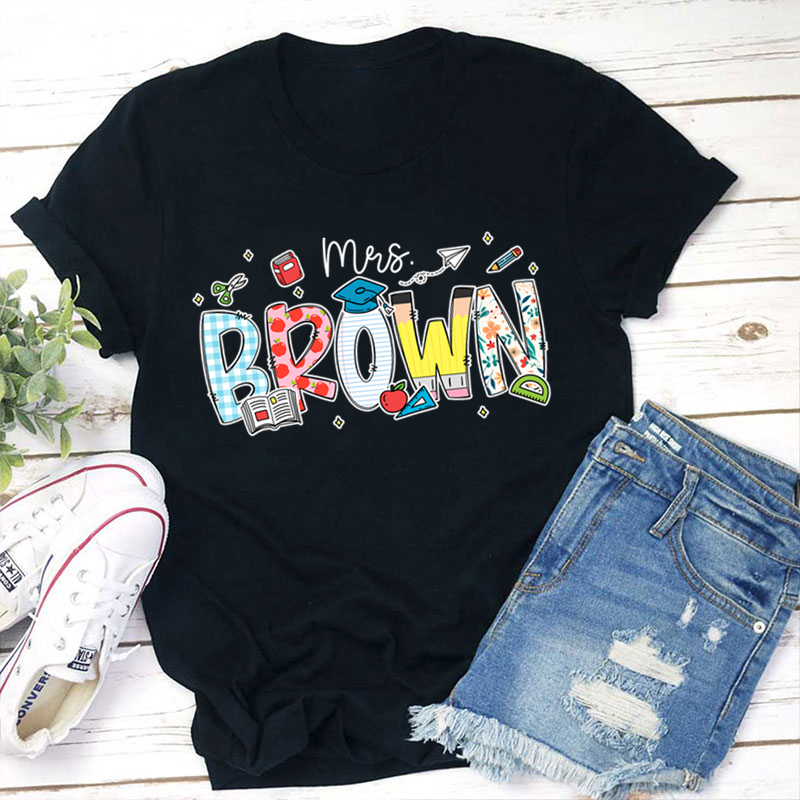 Personalized Name Cartoon Stationery Teacher T-Shirt