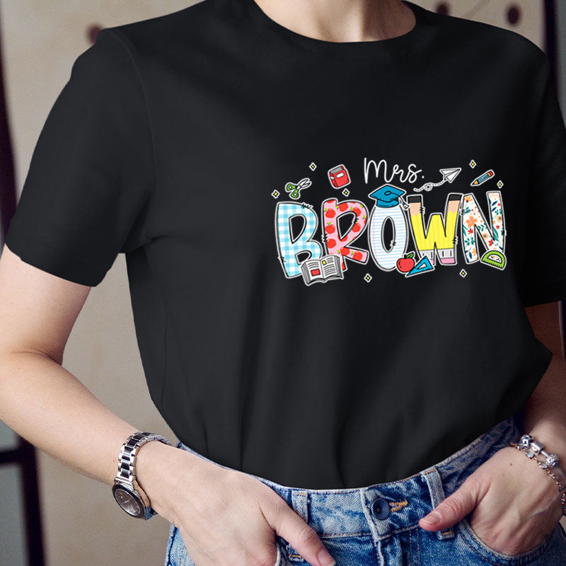 Personalized Name Cartoon Stationery Teacher T-Shirt