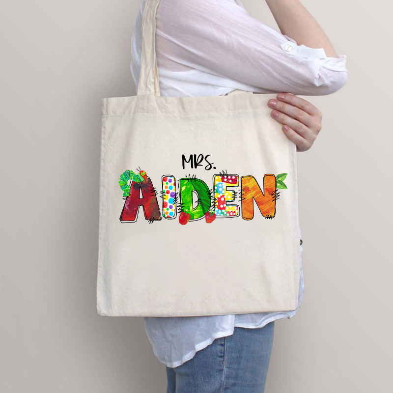 Personalized Name Caterpillar Apple Teacher Tote Bag