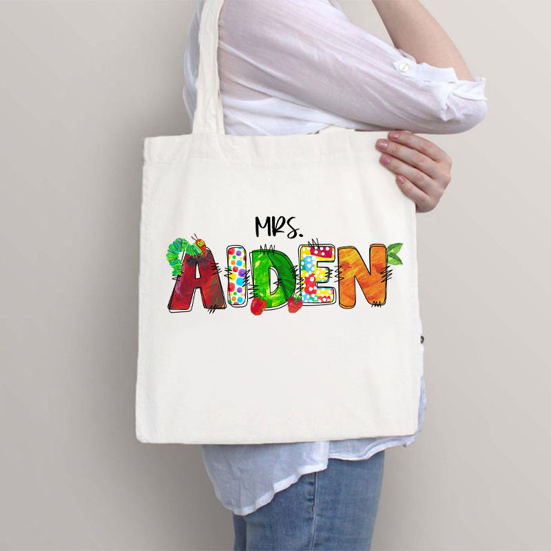 Personalized Name Caterpillar Apple Teacher Tote Bag
