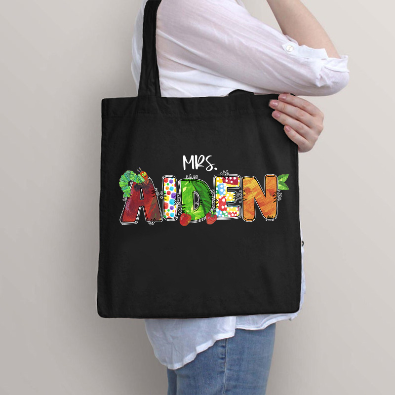 Personalized Name Caterpillar Apple Teacher Tote Bag