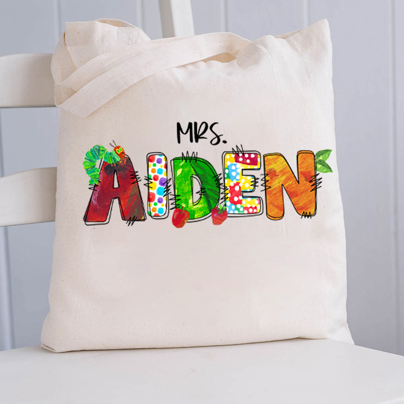 Personalized Name Caterpillar Apple Teacher Tote Bag