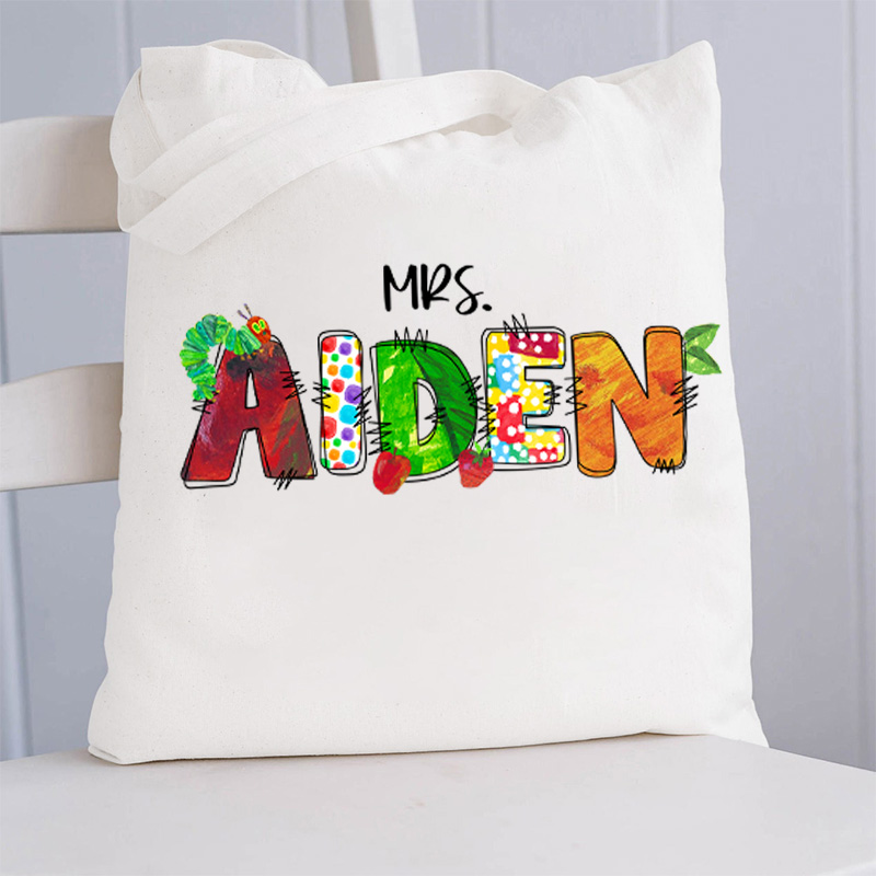 Personalized Name Caterpillar Apple Teacher Tote Bag