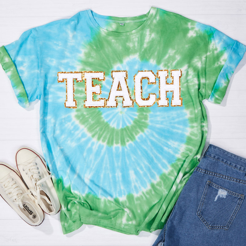 Glitter Gold Letter Stickers Teach Teacher Tie-dye T-Shirt