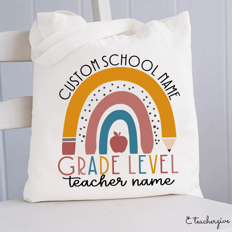 Personalized Name Rainbow Apple Teacher Tote Bag